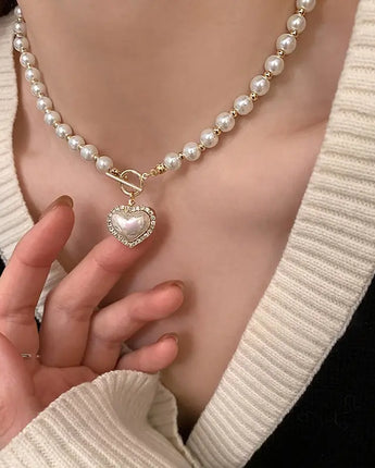 Elegant Pearl Necklace For Women Heart Pendant Necklaces Luxury Imitation Pearls Chain Necklaces Korean Jewelry Girls Gifts