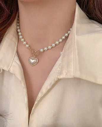 Elegant Pearl Necklace For Women Heart Pendant Necklaces Luxury Imitation Pearls Chain Necklaces Korean Jewelry Girls Gifts